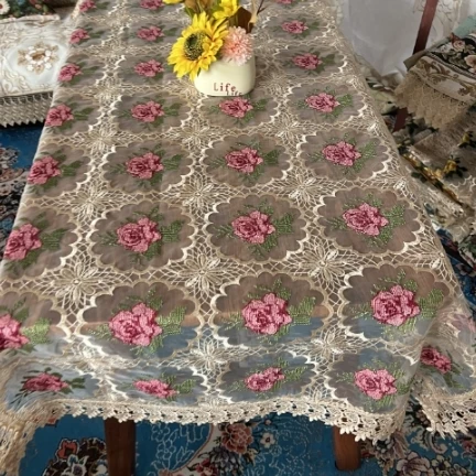 ZN029-87玻璃纱【90*185】咖红十字刺绣高织高密玻璃砂水溶边桌布