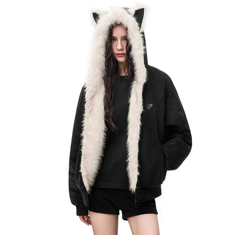 FDR RST 秋冬棉袄加厚情侣连帽棉衣棉服女麂皮毛领夹棉座山雕外套