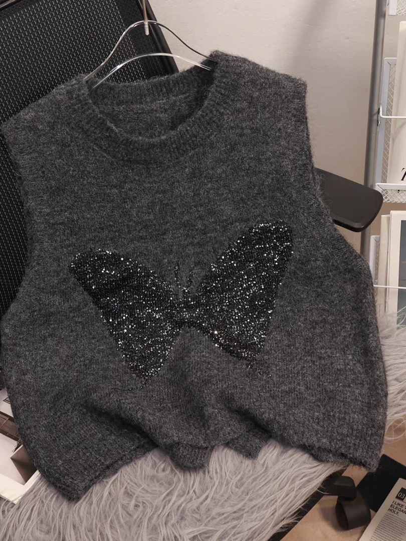 秋冬叠穿冬季无袖毛衣马甲新款蝴蝶亮片后背开叉高级感女上衣