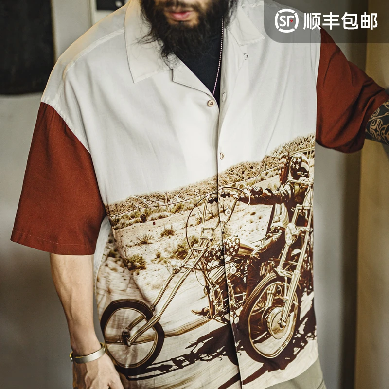 马登工装美式复古撞色古巴领衬衫垂感满印花衬衣薄款短袖外套男夏
