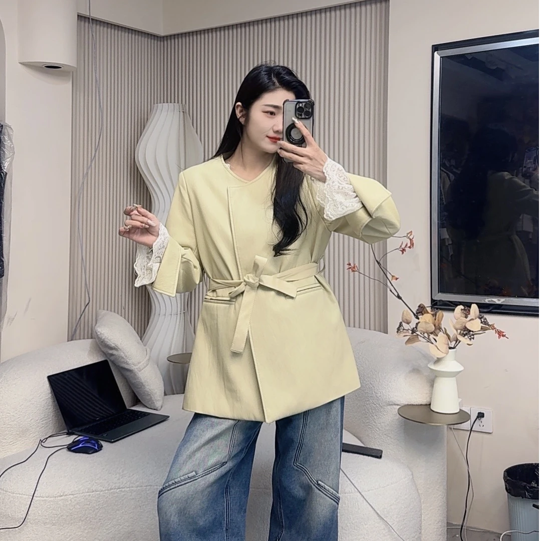 【格子家】法式常规皮衣宽松型水洗皮外套宽松黑色拼接韩版网红010