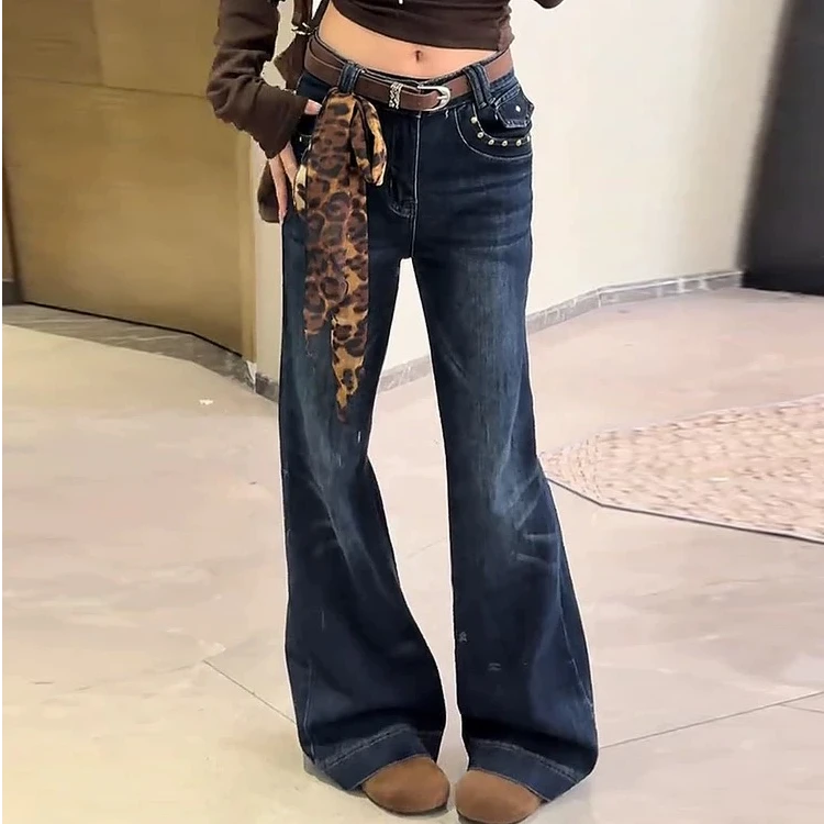 复古高级感铆钉口袋喇叭拖地牛仔裤（配腰带丝巾）7728