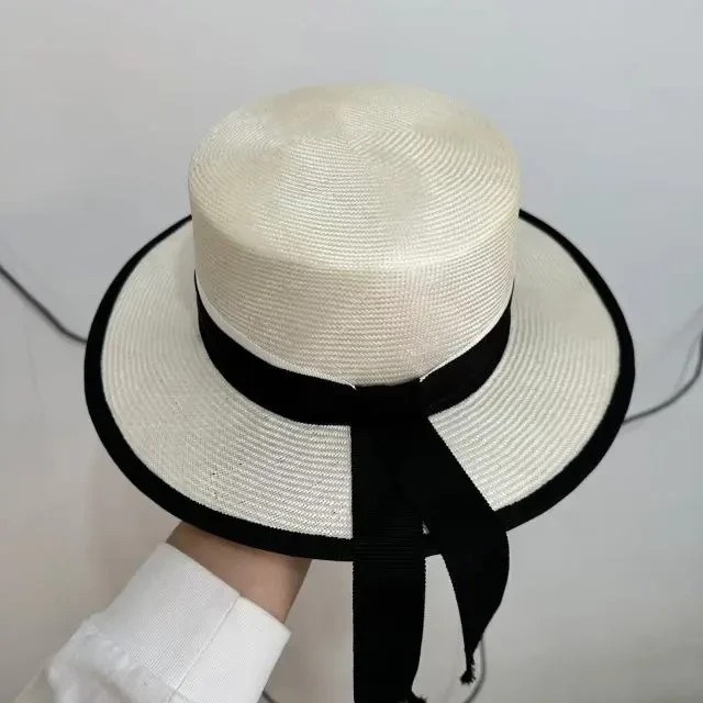 QIU LI · 法式优雅贵气黑白长款织带包边金丝草帽 1d2120