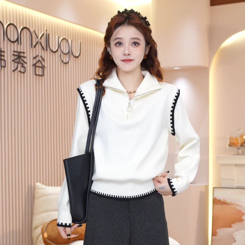 高级感拼接立领针织衫女2025秋冬新款慵懒风时尚宽松上衣潮Y6319