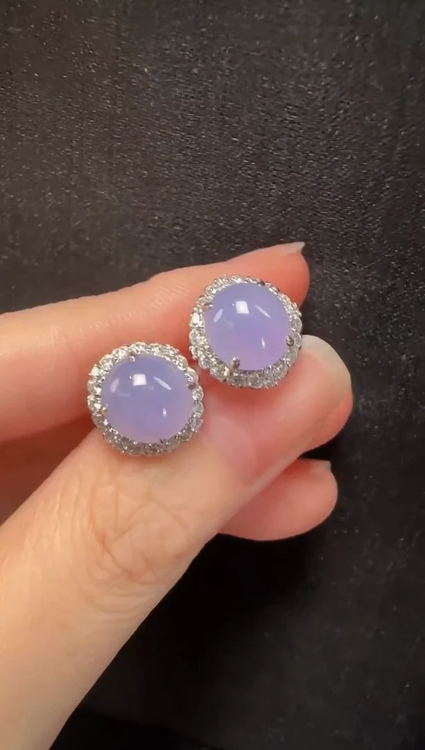 翡翠18K金镶嵌耳钉040蛋面一对