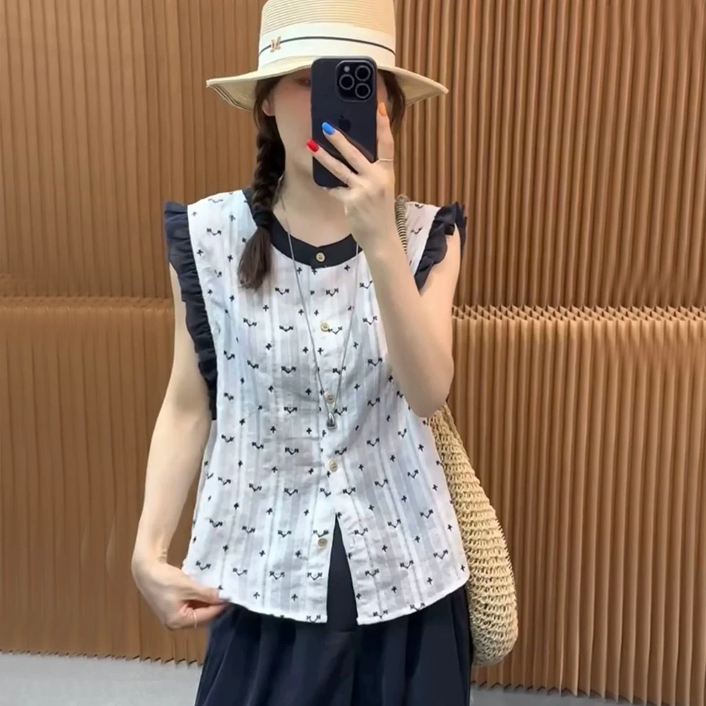 韩系甜美减龄撞色花边无袖衬衫夏季新款宽松休闲上衣显瘦背心小衫