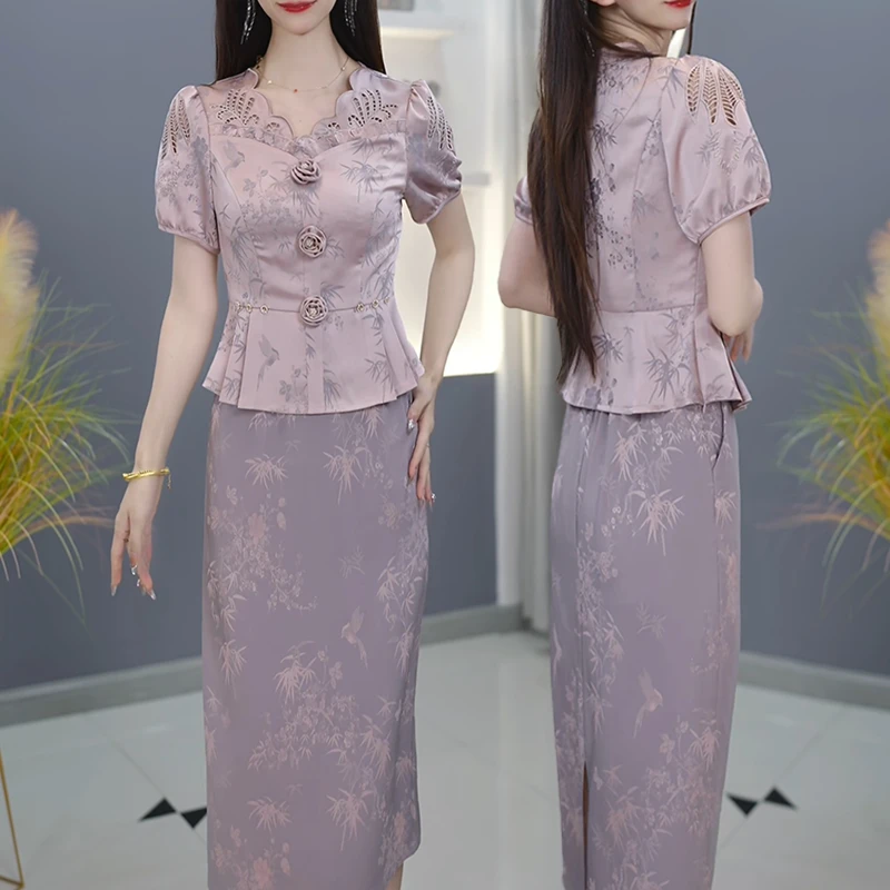 【宠粉定制】B1156淡紫色套装优雅气质时尚减龄休闲显瘦夏季收腰