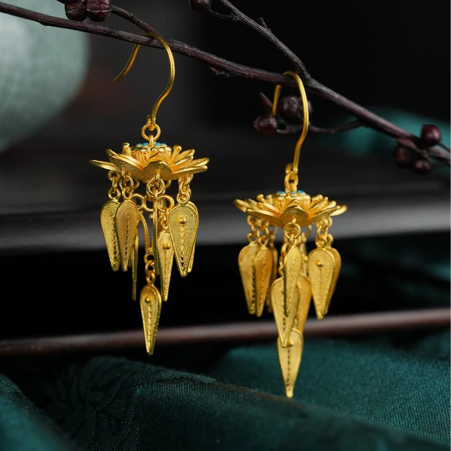 ZOCAI/佐卡伊【传世之美】古法黄金耳饰珐琅彩足金步步生莲流苏耳坠