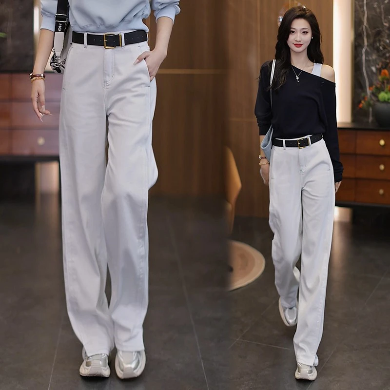 莫兰迪灰阔腿牛仔裤女2025春季新款高腰显瘦休闲直筒弯刀裤休闲裤