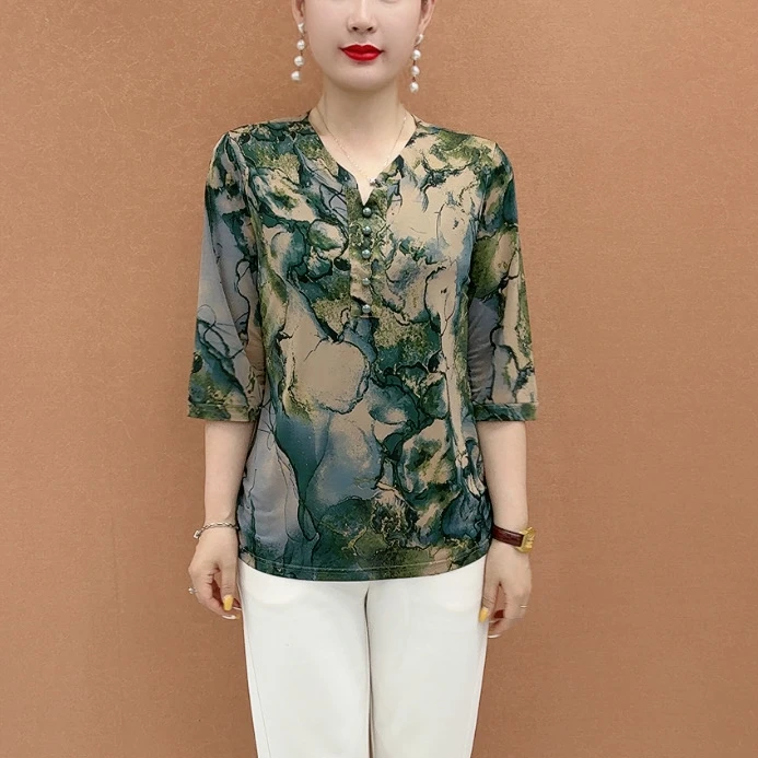 妈妈夏半袖T恤大码小衫宽松显瘦妈妈新款立领花色上衣6842