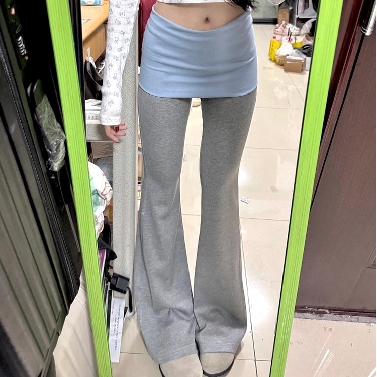 韩版拼接撞色高腰休闲裤女秋冬季加绒加厚修身显瘦休闲百搭微喇裤