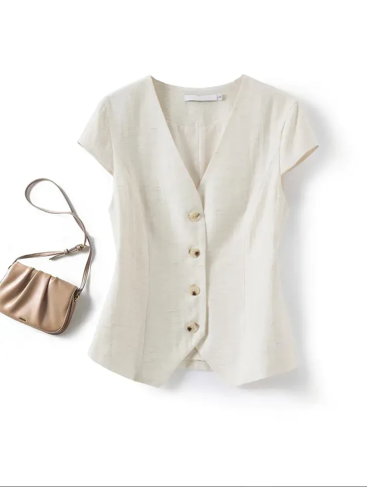 老钱风 莱赛尔亚麻薄款西装马甲女夏季新款遮肉显瘦气质坎肩705