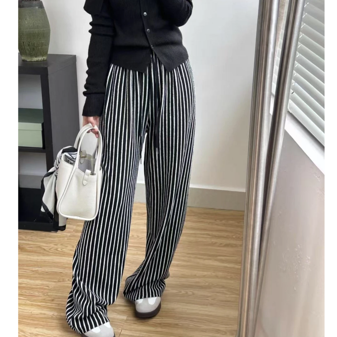 23Q334松紧腰弹力条纹窄版休闲带口袋直筒裤