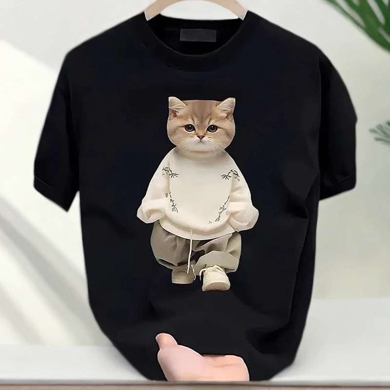 仓石一树潮流插兜猫咪卡通T恤男生短袖夏季凉感2025新款宽松大码