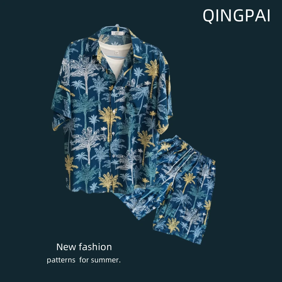 夏季新款夏威夷风印花短袖衬衫套装男