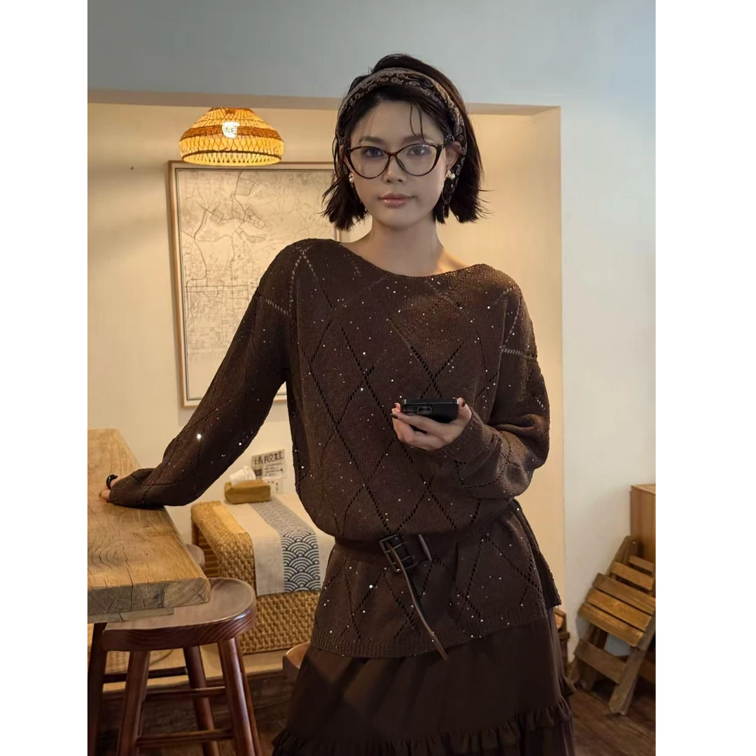 秋装新款显瘦慵懒风设计感一字肩针织衫长袖宽松毛衣SHBZXW917979