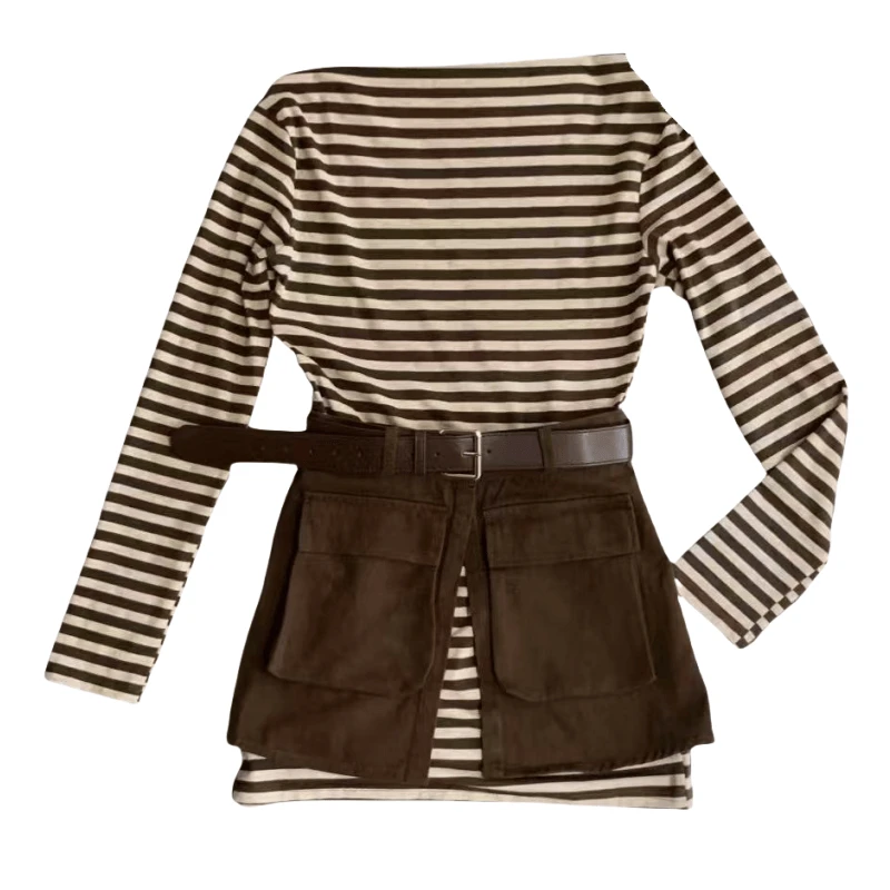 「主播推荐秋季新款」1375款条纹腰封（三件套）套装