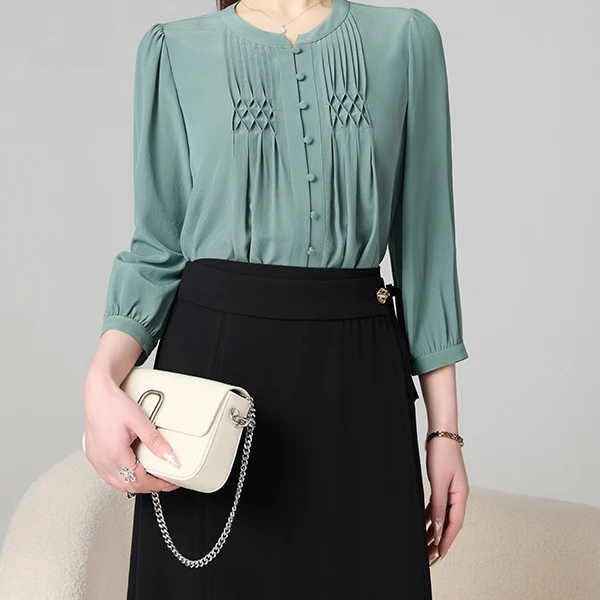 老敏哥 真丝双绉重工显白好心情树木绿桑蚕丝圆领上衣 S03086761