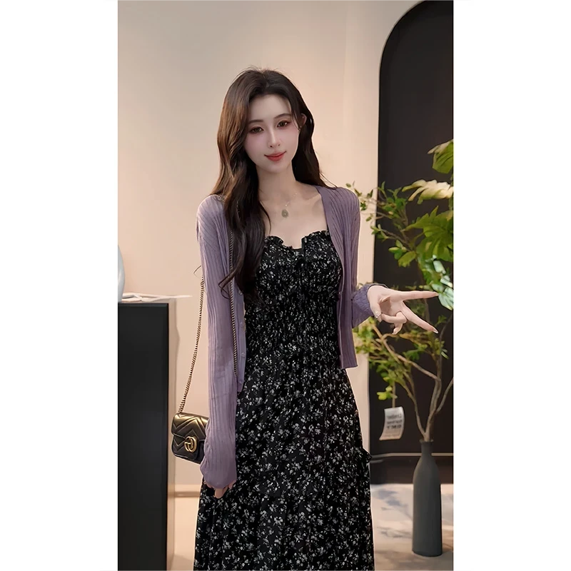 现货2025茶歇法式雪纺小个子长裙黑色碎花吊带连衣裙两件套装女夏