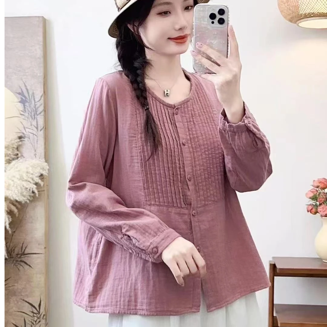 双纱棉风琴褶皱长袖衬衣