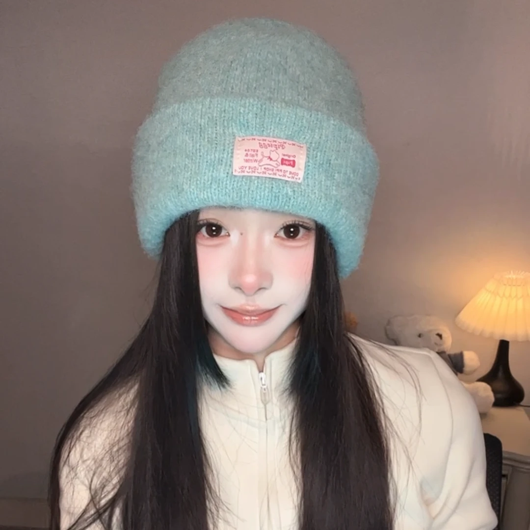 新款高级韩版大头围贴标针织帽女含羊毛毛线显脸小百搭保暖帽百搭