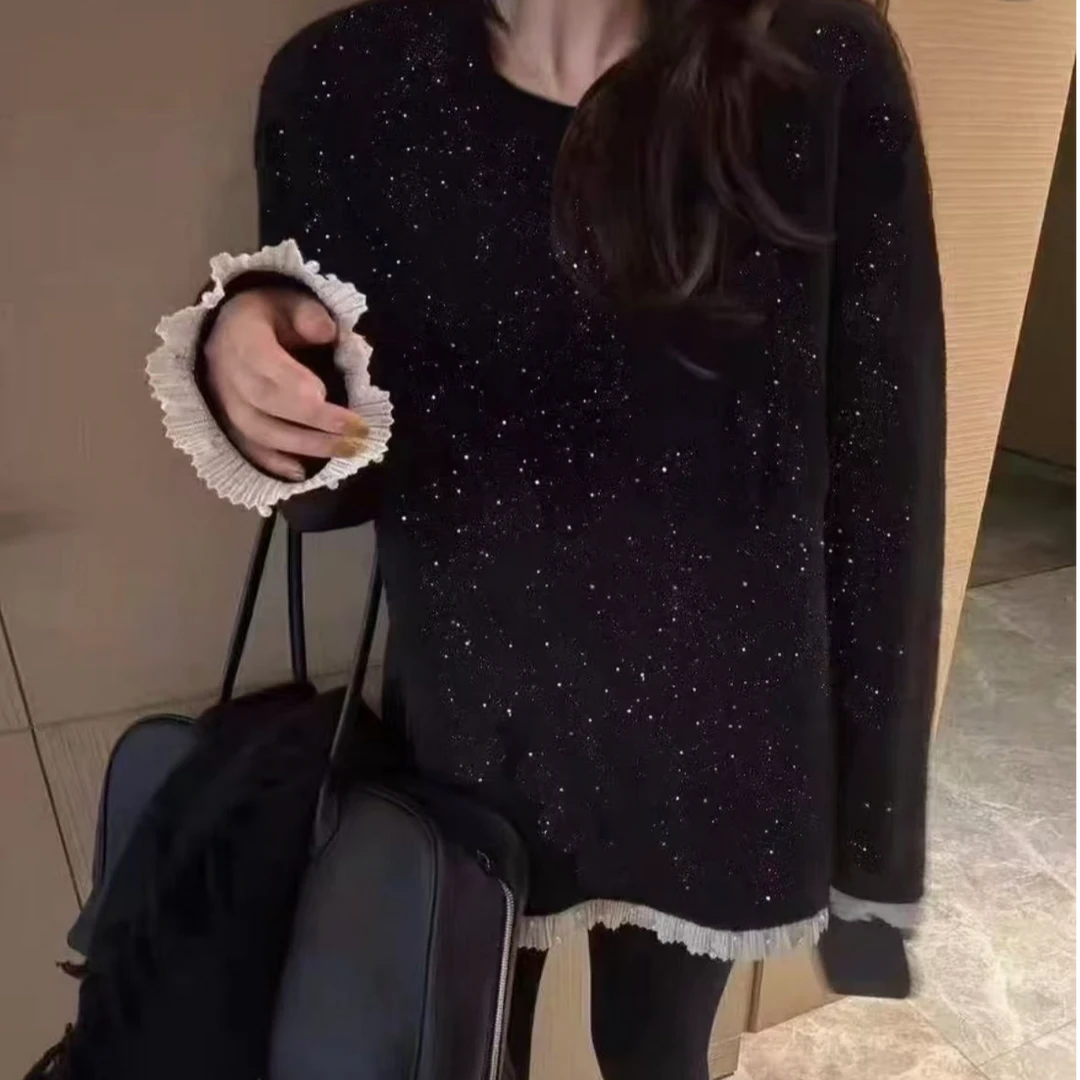 韩国小众碎钻珍珠蕾丝花边长T恤高领长袖针织9618