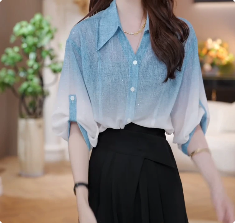 微透衬衫渐变色法式设计感气质女2025春夏新款显瘦上衣