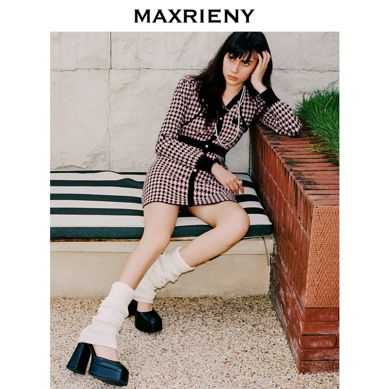 MAXRIENY樱桃派秋季丨名媛千金小香连衣裙23秋款千鸟格针织裙24K