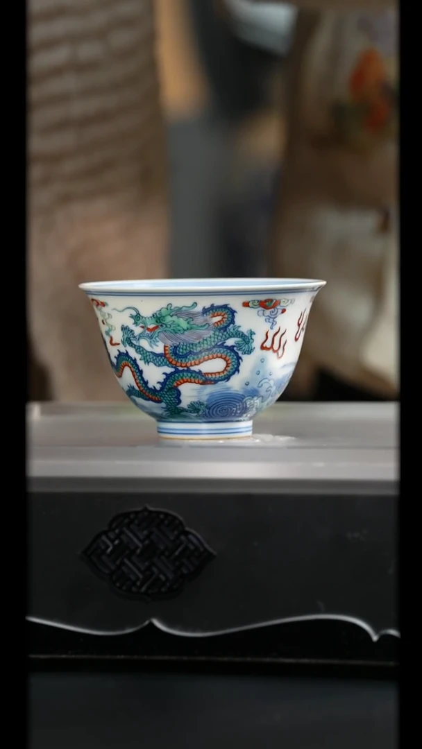 涂杏花窑丨斗彩海水祥云龙纹杯景德镇陶瓷