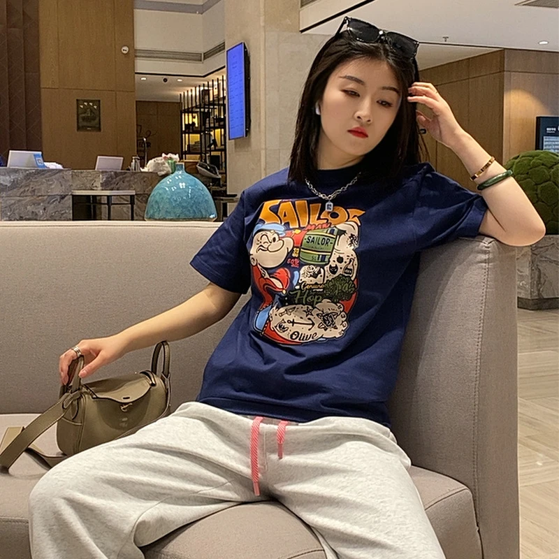 爱吃菠菜-260k重磅精梳棉印花短袖男情侣男体恤潮流宽松圆领百搭