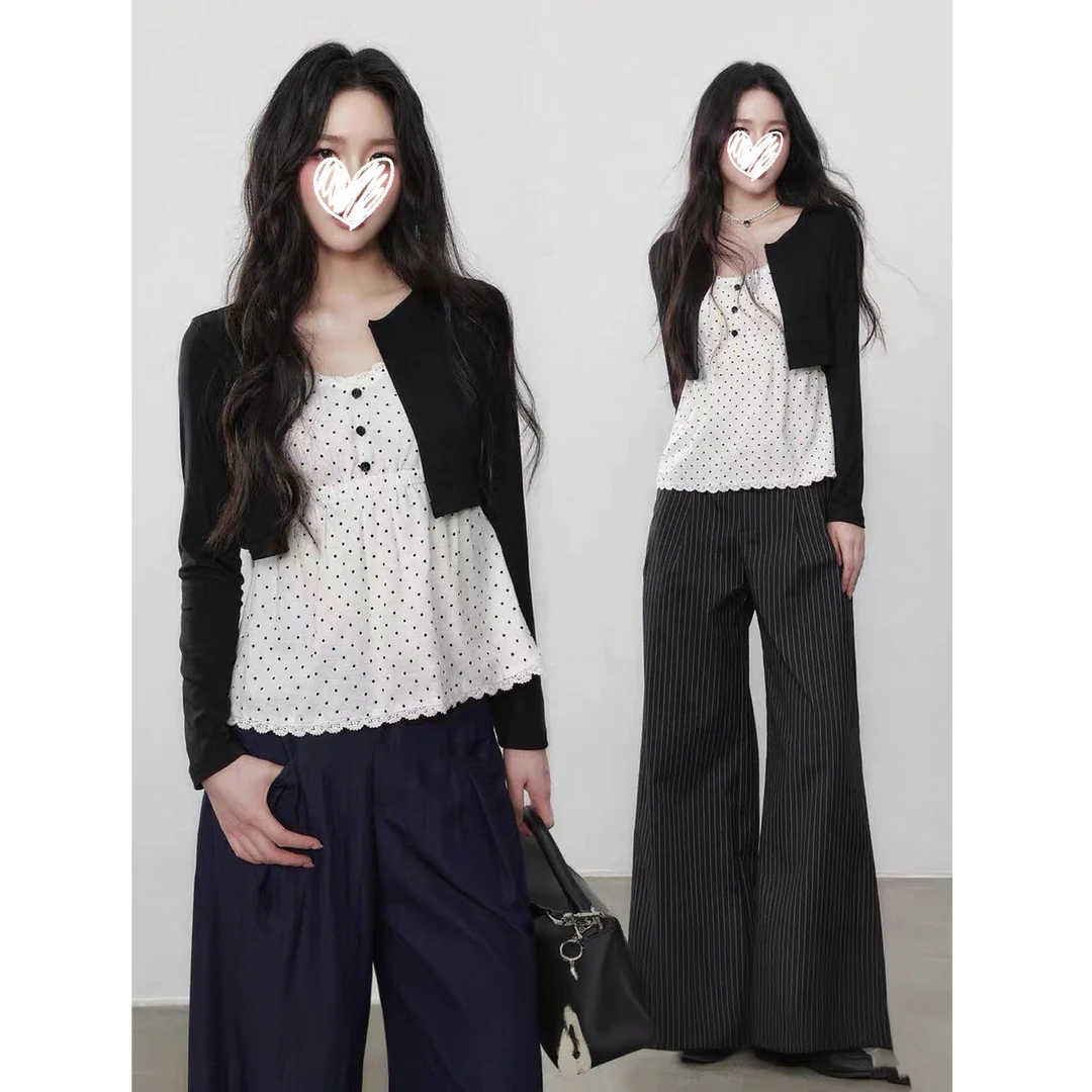 韩系高级感简约秋季波点设计V领修身显瘦假两件上衣女D708