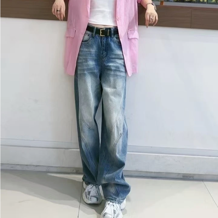 迷巧时尚新款阔腿牛仔弯刀裤女款爆款2025大码微胖腿显瘦直筒长裤
