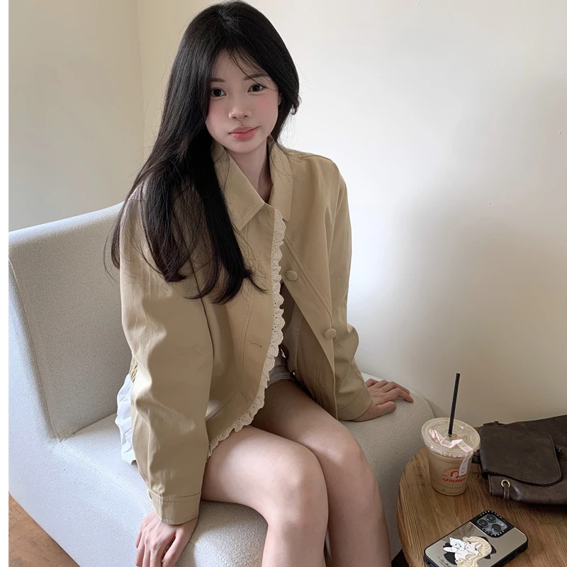 花边拼接翻领长袖夹克外套女2025春秋新款短款设计感棒球服上衣潮