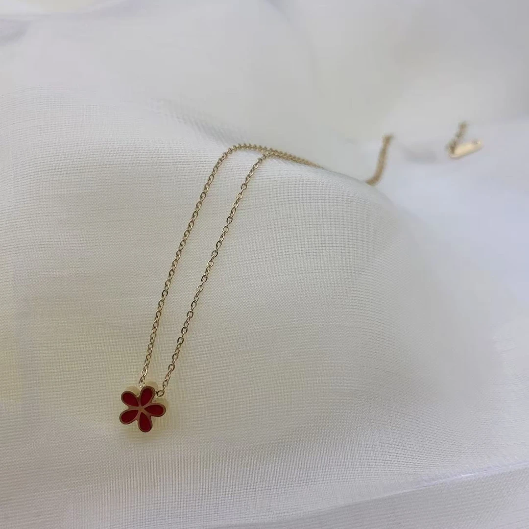 钛钢项链 【Kiss娜】钛钢3149时尚红色五瓣花项链