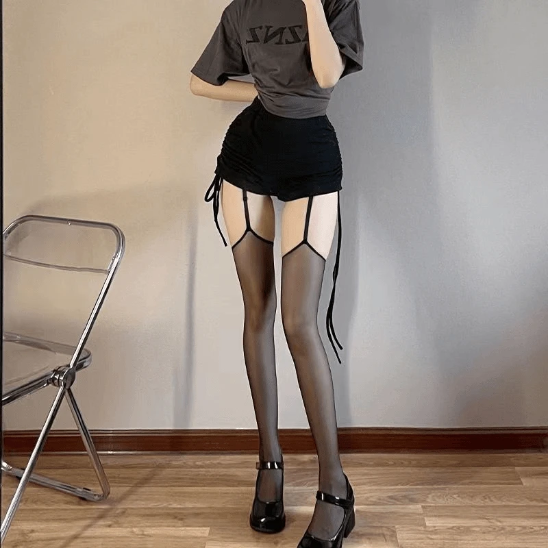 情人节【新年热销】辣妹纯欲吊带黑红色丝袜女撞色长筒超薄男人最无