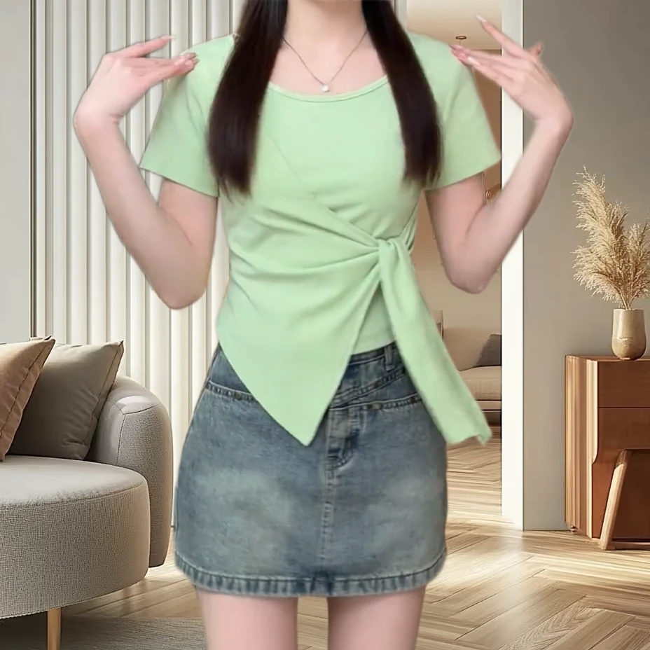 2025夏季新款纯欲小众不规则系带收腰显瘦修身短款百搭上衣短袖