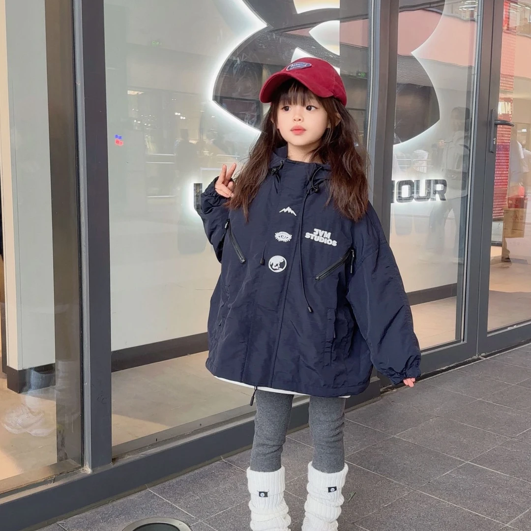女童夹棉冲锋衣2025新款秋冬季儿童洋气加厚风衣中大童连帽外套冬