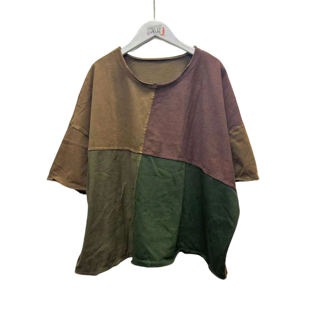 6610做旧简约宽松拼色圆领百搭套头T恤（衣长58胸围140左右）