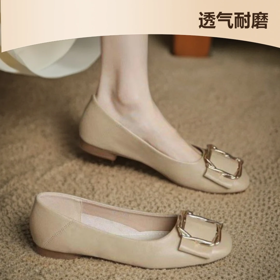 春秋女士百搭休闲平底防滑牛筋软底妈妈皮鞋式单鞋豆豆鞋女鞋方头