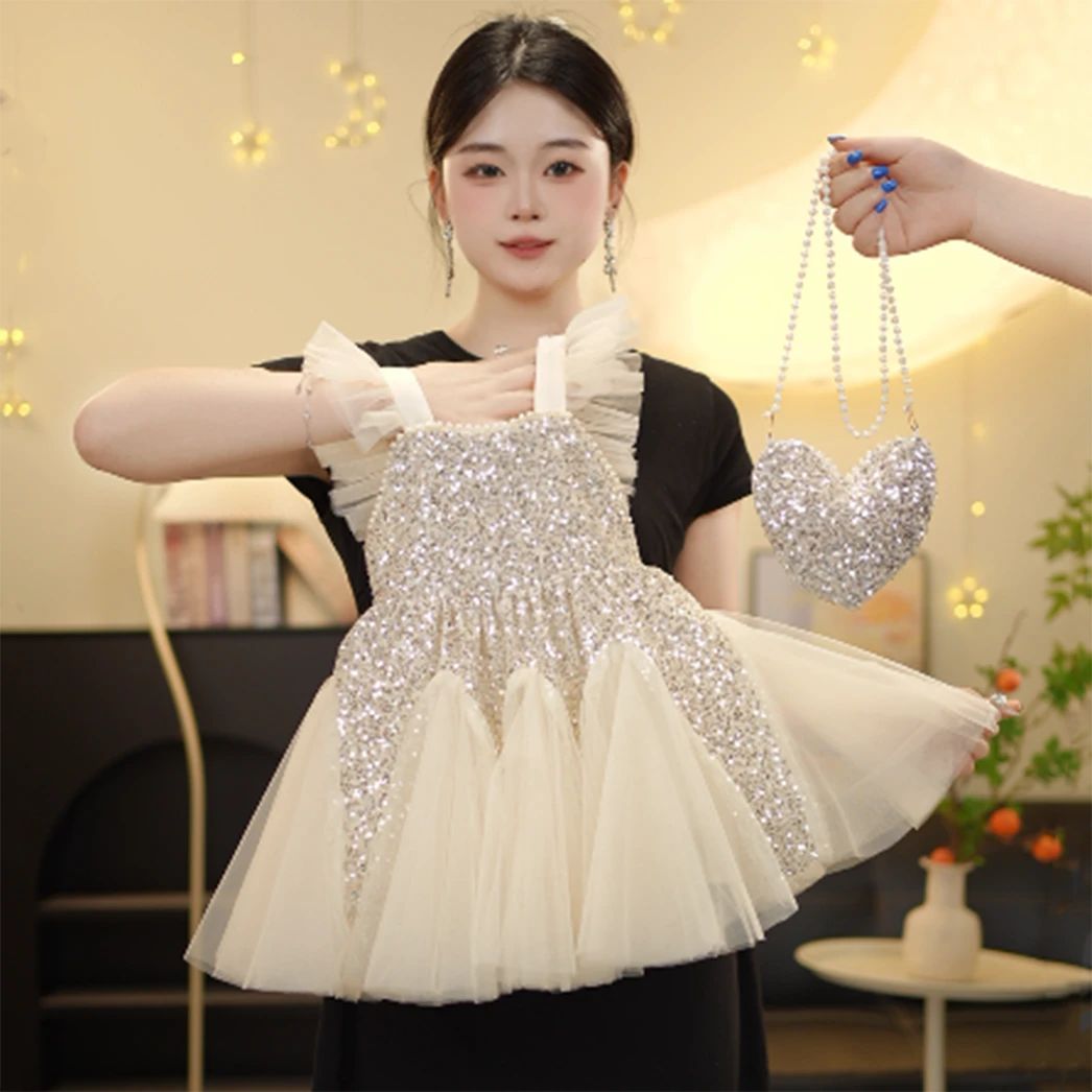 yu【月光水晶】女童2025轻奢亮银宴会礼服裙夏季新款立体连衣裙洋气