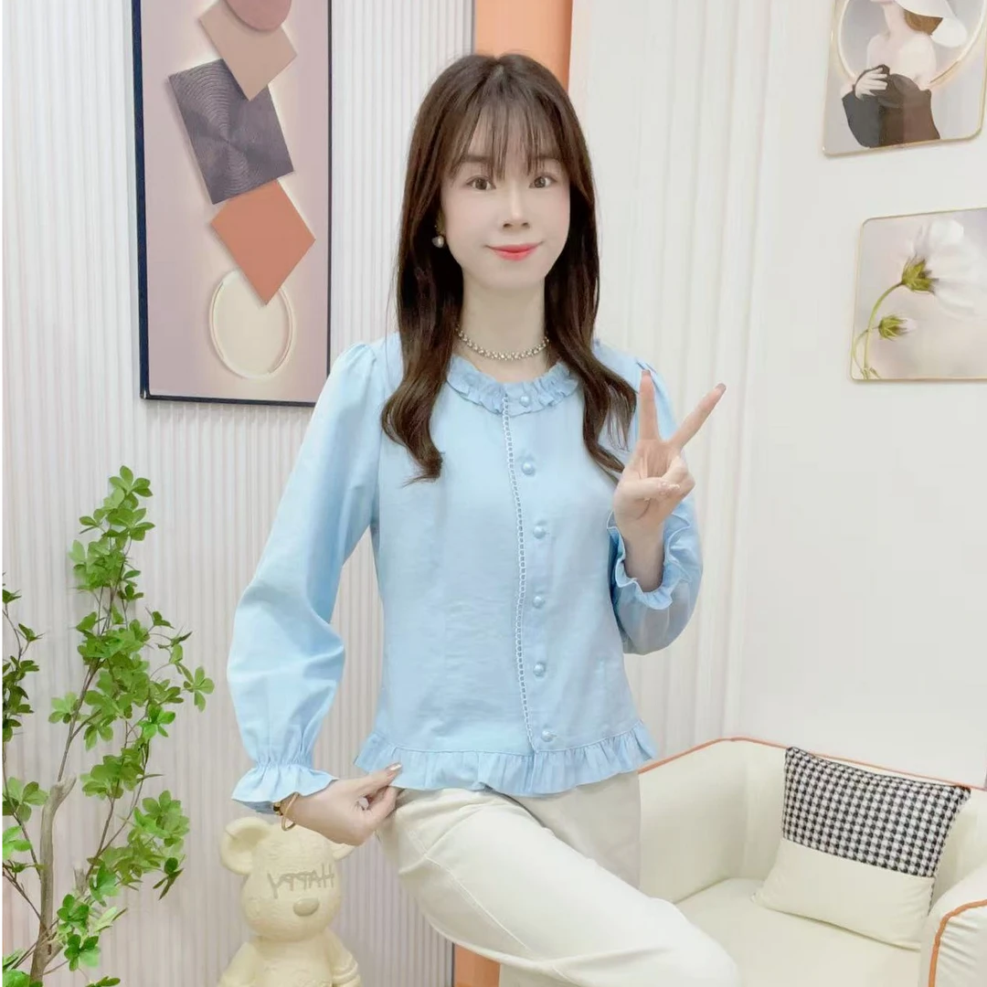 炬雅【亭亭玉立】新款法式拼接木耳花边设计感时尚洋气减龄显瘦衬衫