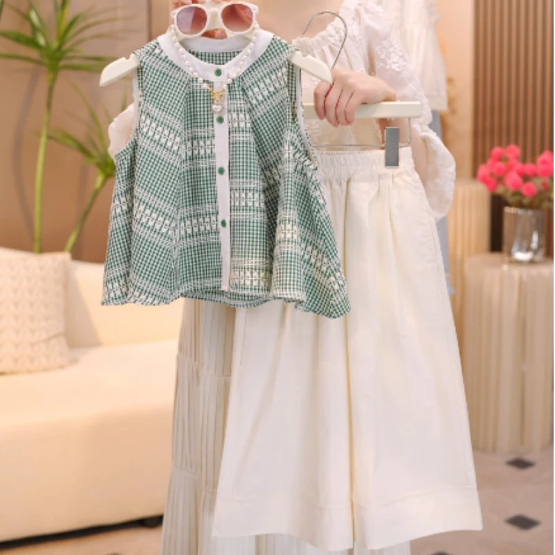 女童夏装2025新款设计款韩版格子无袖背心上衣+休闲九分裤两件套