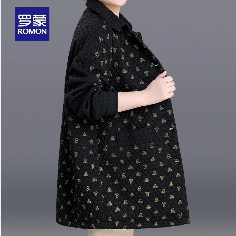 罗蒙妈妈秋装休闲外套新款中年花色风衣中长款中老年女士上衣