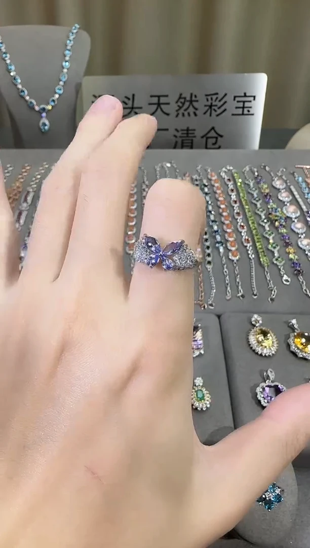 银S925镶嵌戒指坦桑石10mm戒指简约款