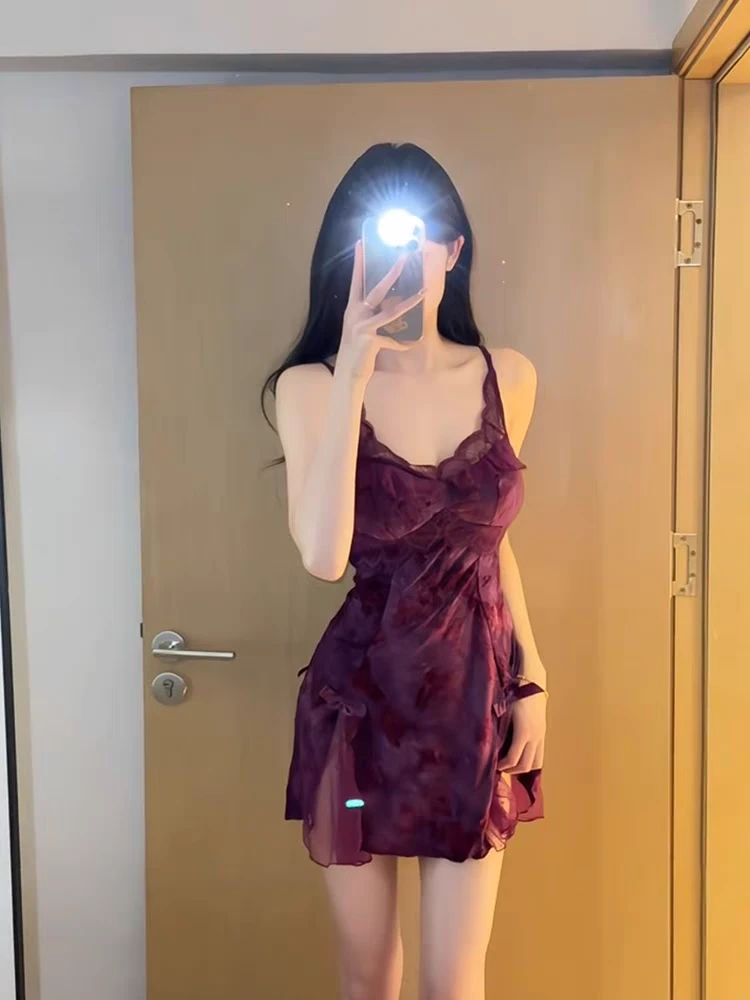 蝶意莺情*植绒睡裙夏季紫色吊带显瘦睡衣带胸垫性感家居服套装女