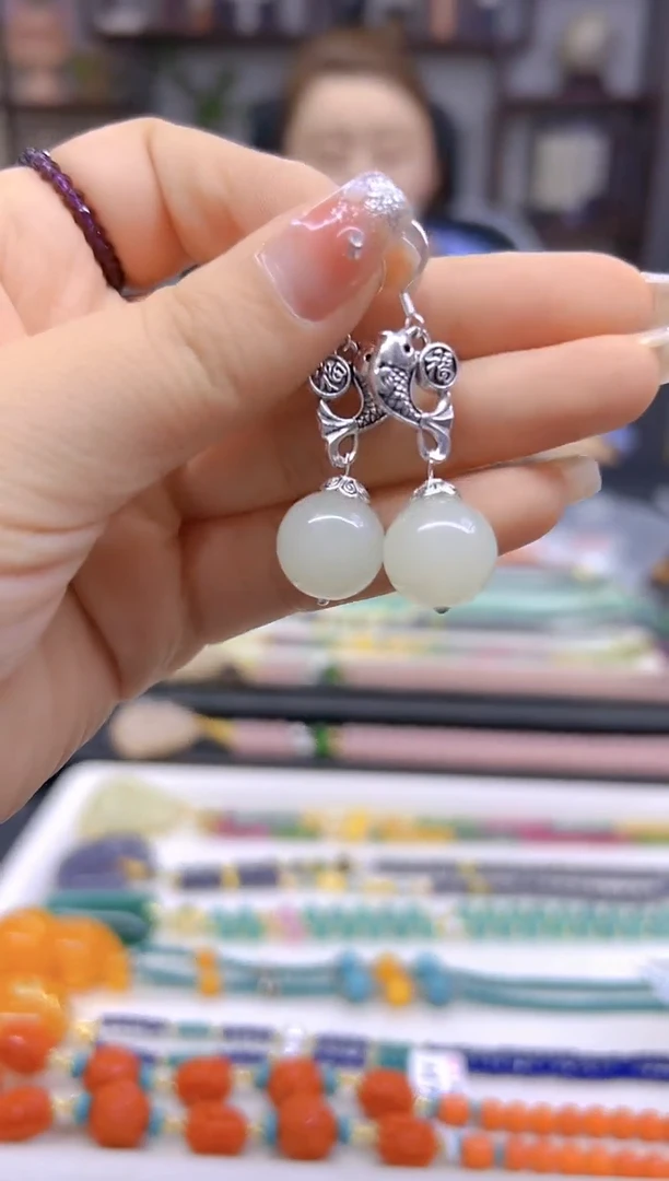 和田玉银S925镶嵌耳饰DIY款E783