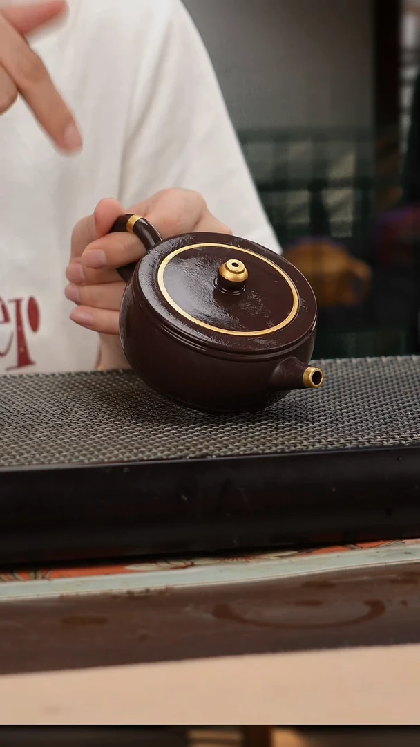 茶壶紫砂四号井茄皮紫泥描金玉鼓井栏150cc