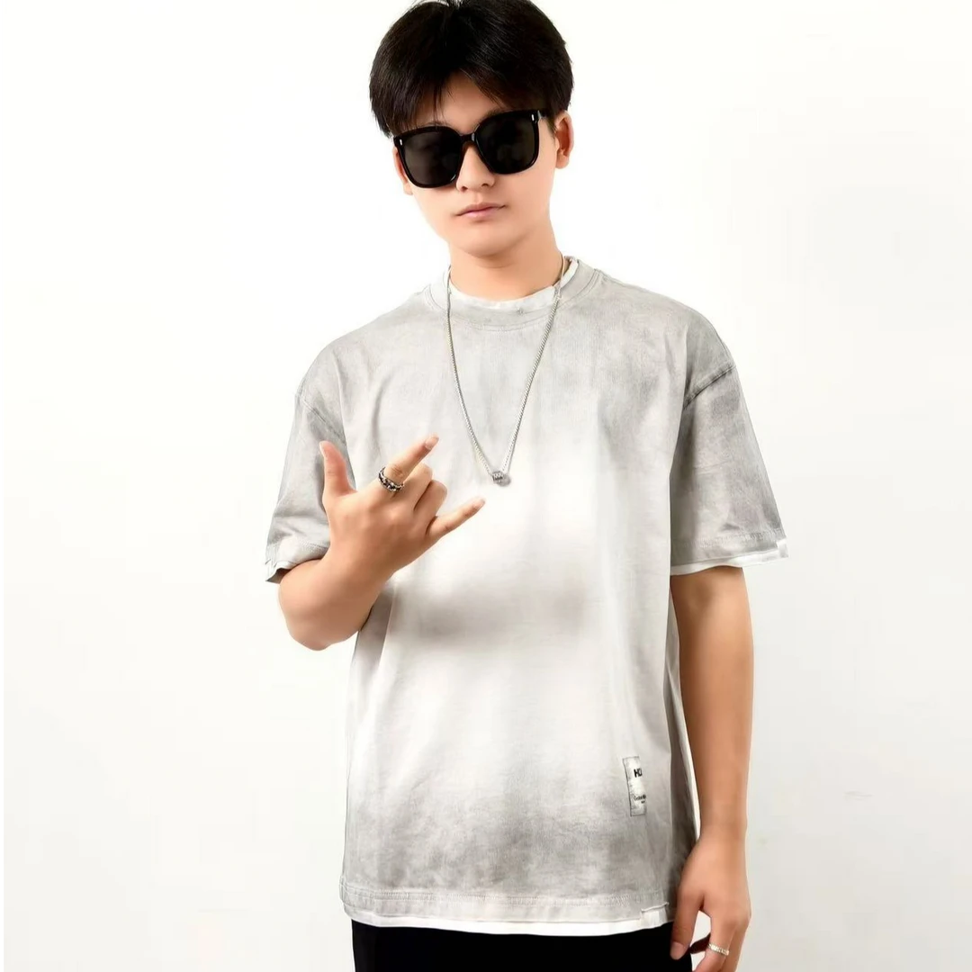 美式复古重磅纯棉水洗渐变男夏季潮牌落肩宽松圆领日系假两件体恤