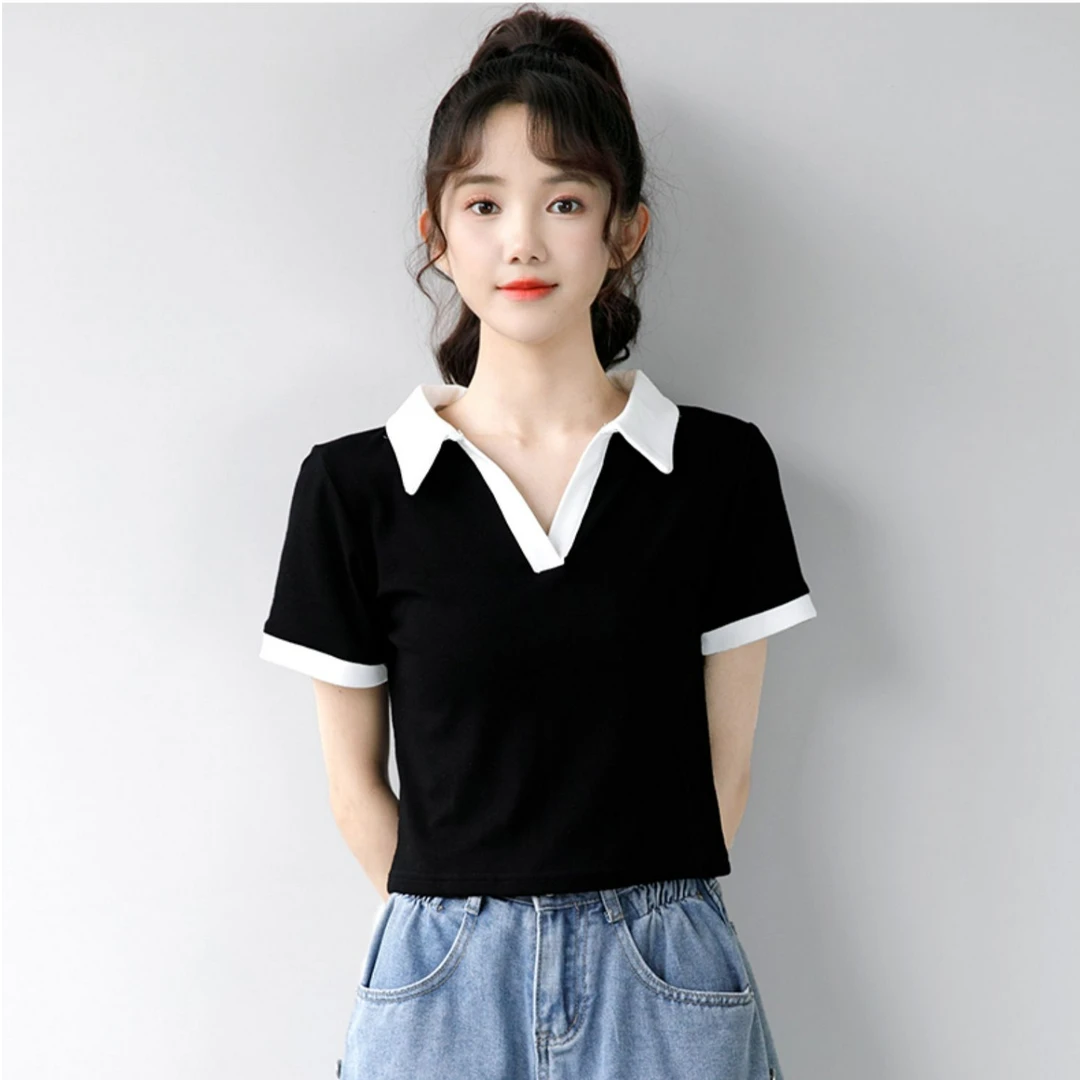 2025夏季新款修身洋气撞色拼接短款修身体恤Polo领短袖t恤女上衣