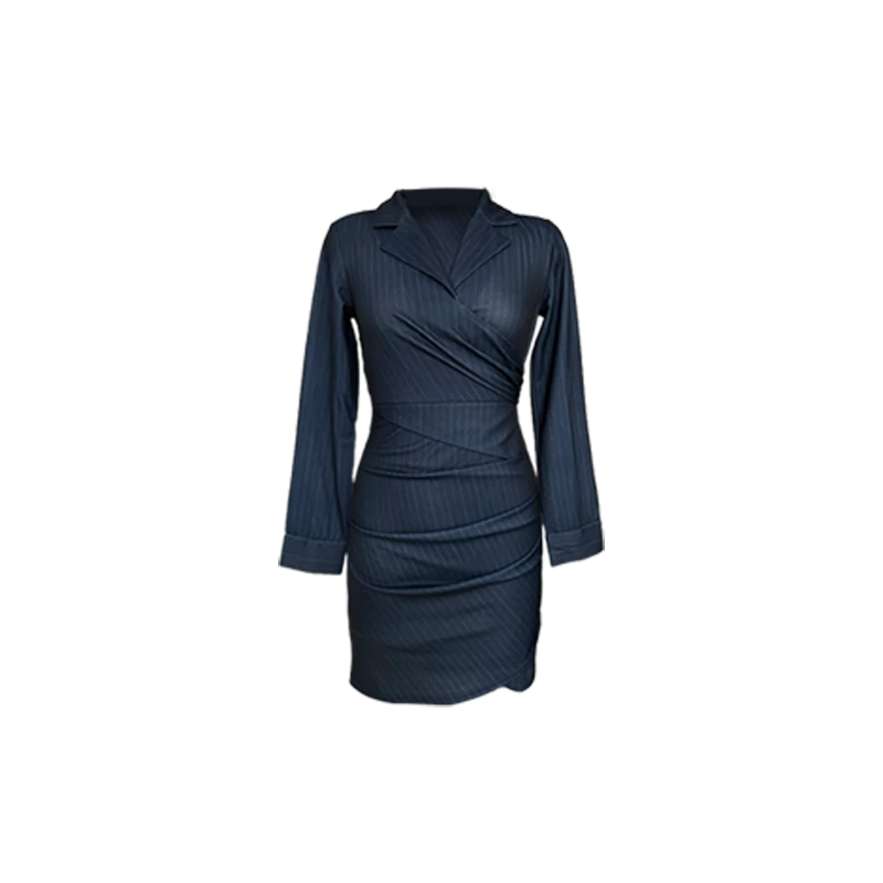 B-babes【御姐范】轻熟风蓝色条纹长袖显瘦连衣裙设计感收腰包臀裙